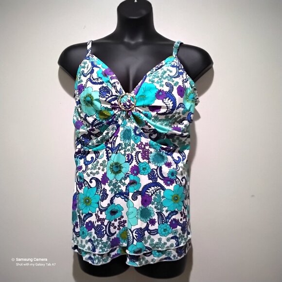 Island Escape White & Aqua Floral V-Neck O-Ring Underwire Strap Tankini NWT 24W - Picture 1 of 4